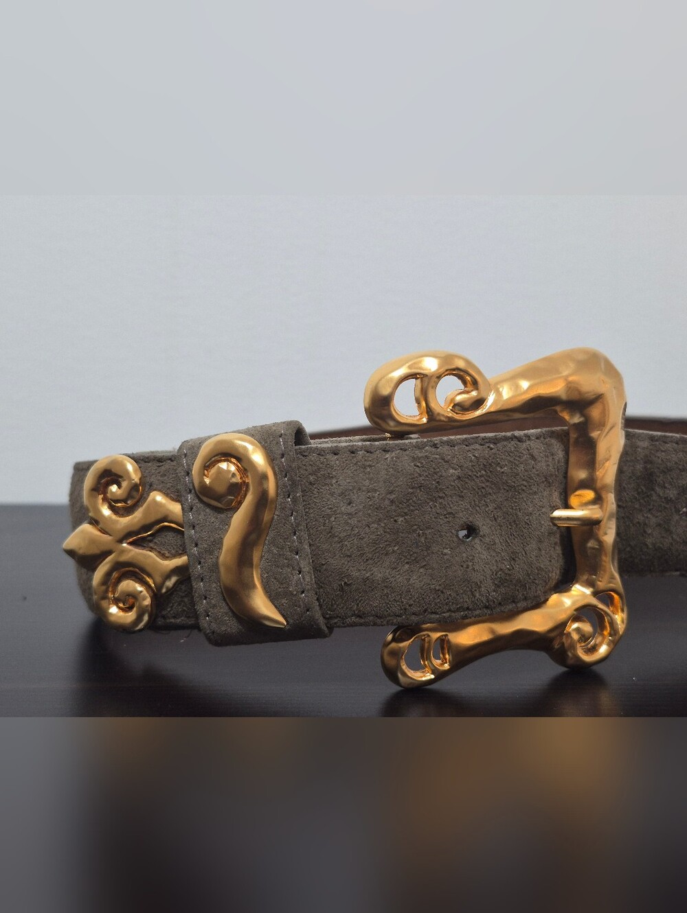 Danier Grey Suede Belt with Gold Sculpted Buckle